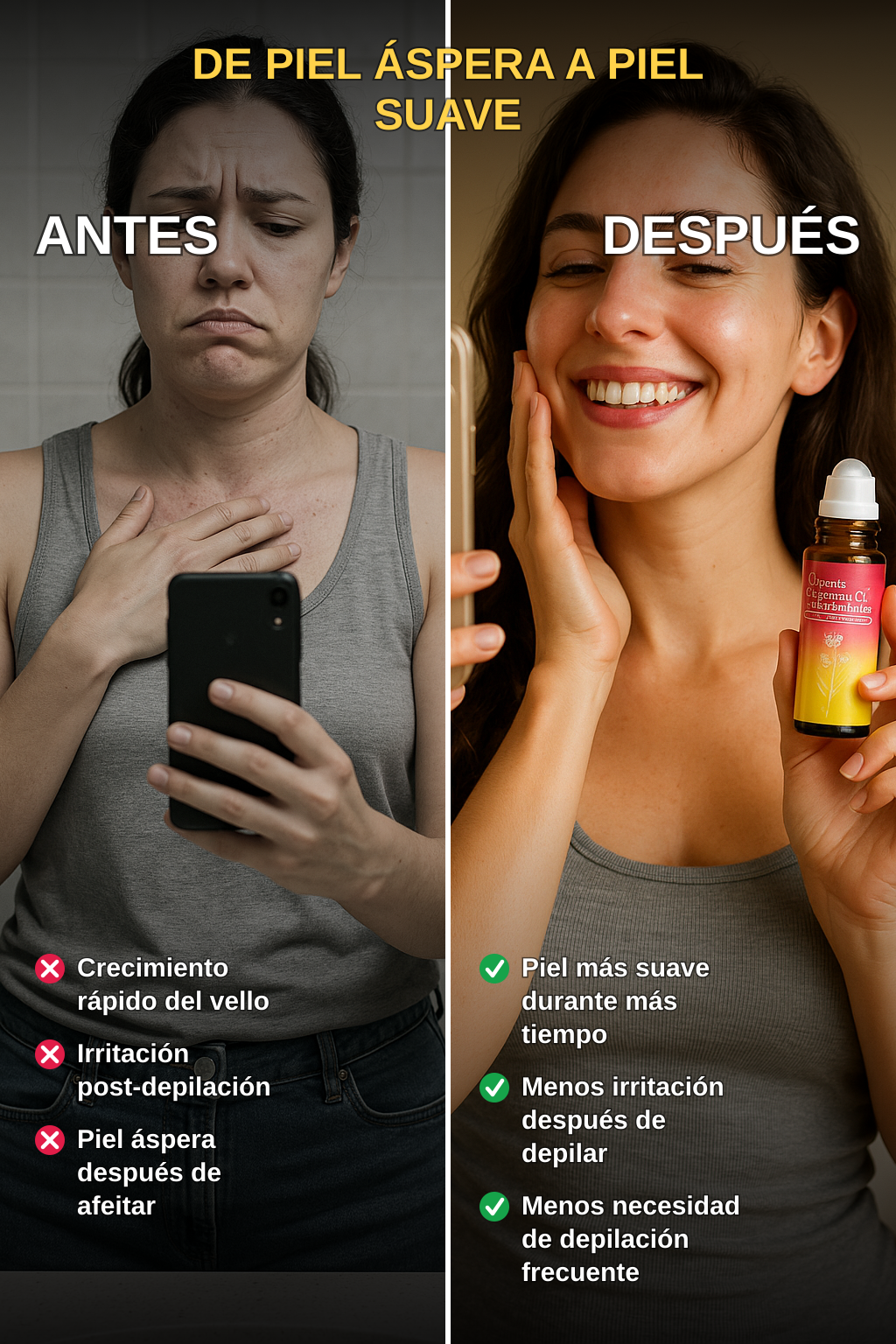 Cyperus Rotundus Oil l60 días sin vello", se entiende y se recuerda al toque. · Antes / Después