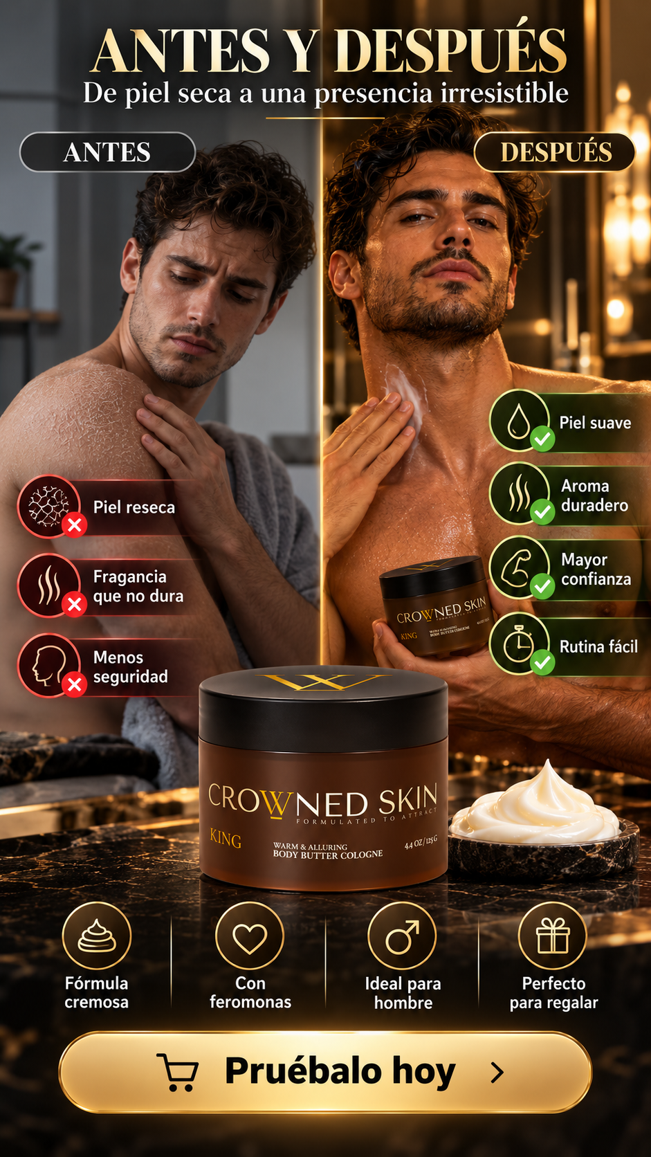 Crema en Loción Crow Ned — "Hidratación profunda, piel suave como seda" · Antes / Después