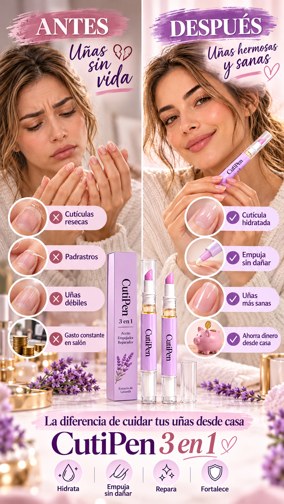 CutiPen 3 en 1 — Aceite, empujador y reparador en un solo lápiz 💅 · Antes / Después