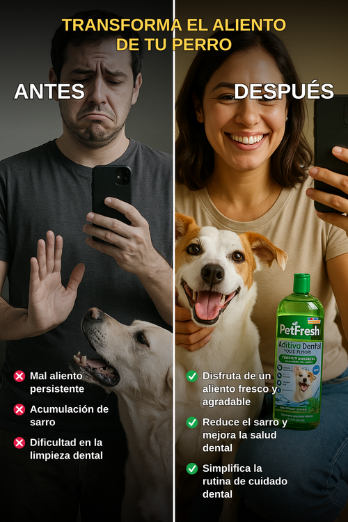 ADITIVO DENTAL PARA EL AGUA Aliento fresco • Higiene bucal diaria · Antes / Después