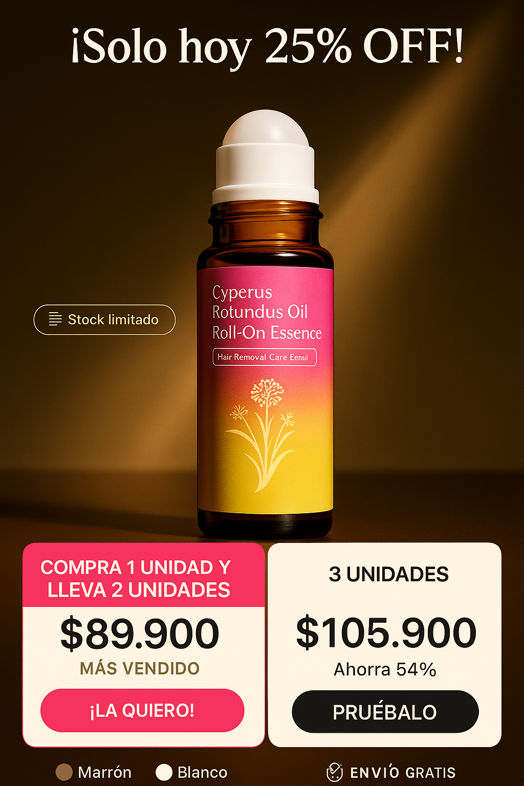 Cyperus Rotundus Oil l60 días sin vello", se entiende y se recuerda al toque. · Banner de oferta