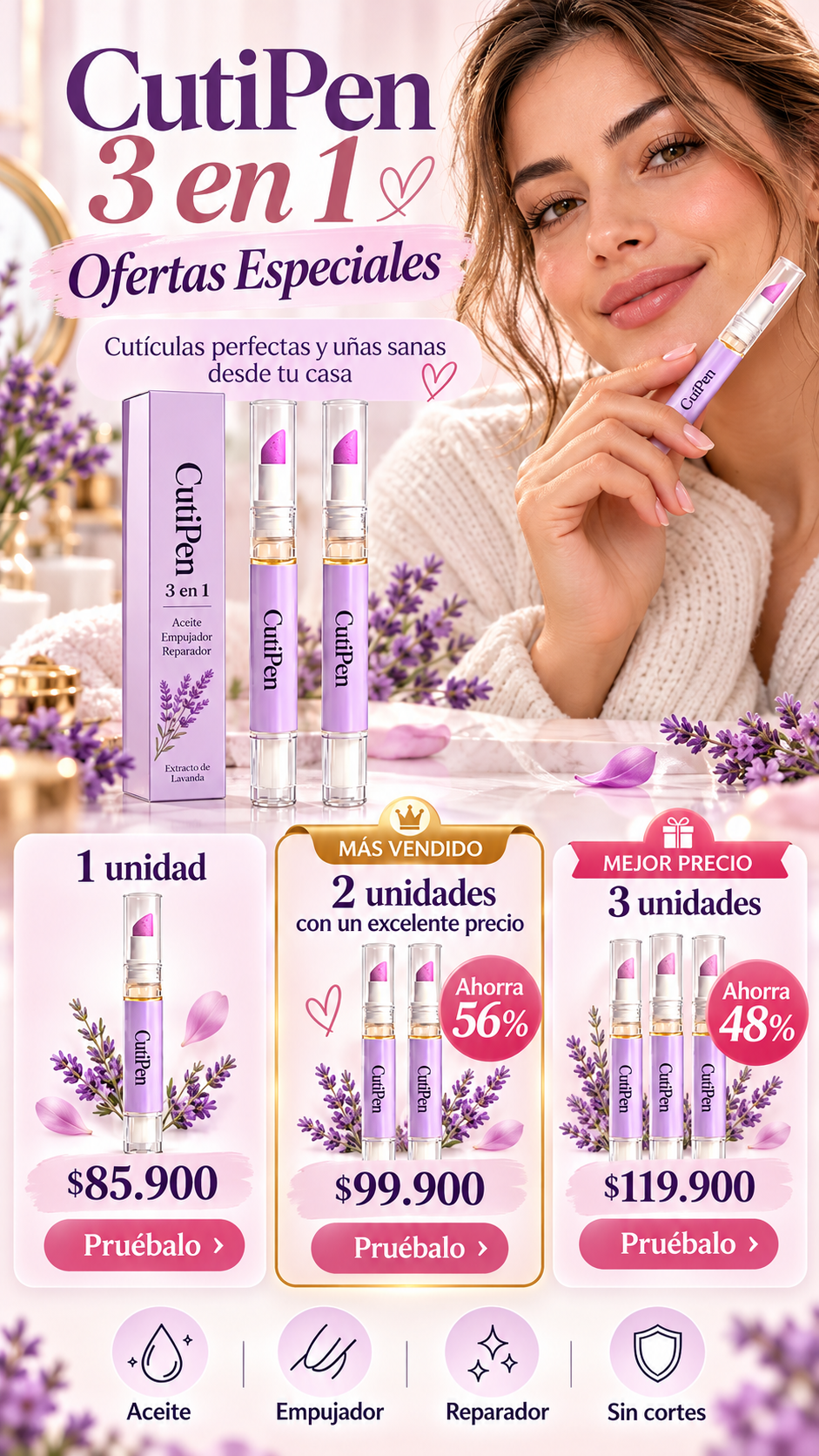 CutiPen 3 en 1 — Aceite, empujador y reparador en un solo lápiz 💅 · Banner de oferta