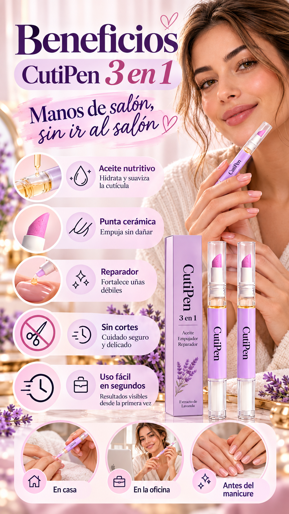 CutiPen 3 en 1 — Aceite, empujador y reparador en un solo lápiz 💅 · Beneficios