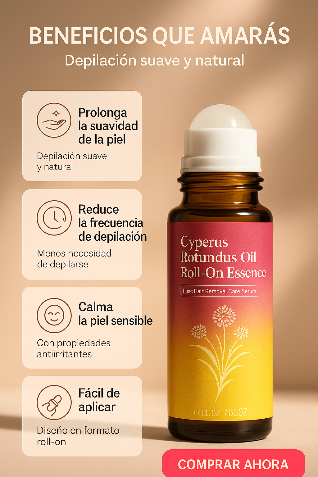 Cyperus Rotundus Oil l60 días sin vello", se entiende y se recuerda al toque. · Beneficios
