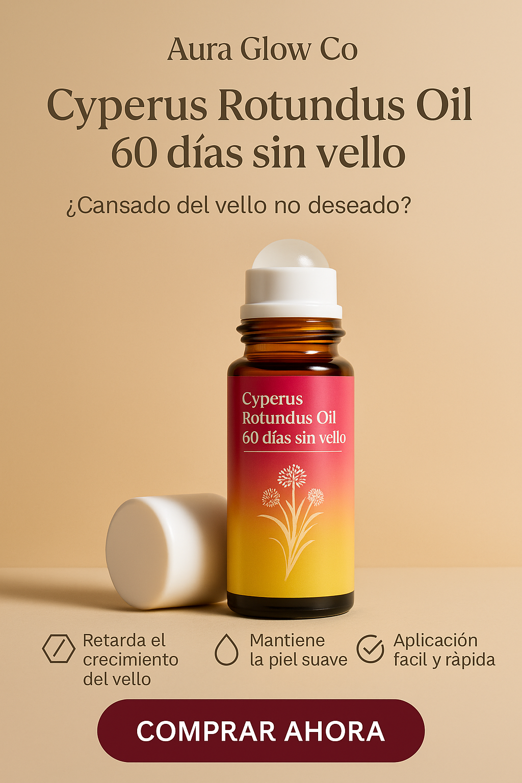 Cyperus Rotundus Oil l60 días sin vello", se entiende y se recuerda al toque. · Hero (principal)